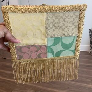 Up cycle Wood  Cigar Box Coach Patchwork Fringe  Clutch with Pink Interior